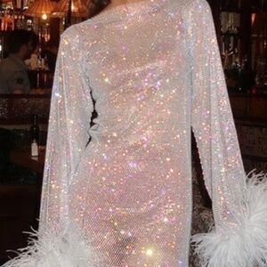 SPARKLY RHINESTONE MESH FEATHER SLEEVE SHEER MINI DRESS - WHITE